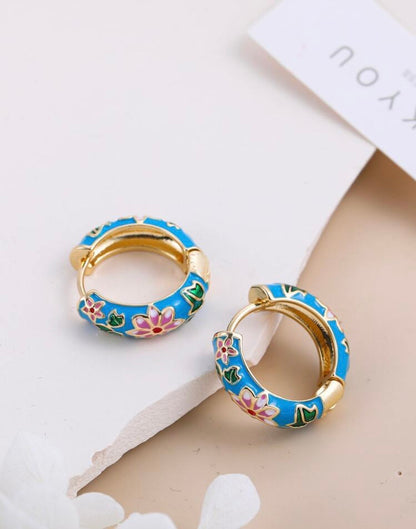 Enamel Flower Huggie Hoop Earrings