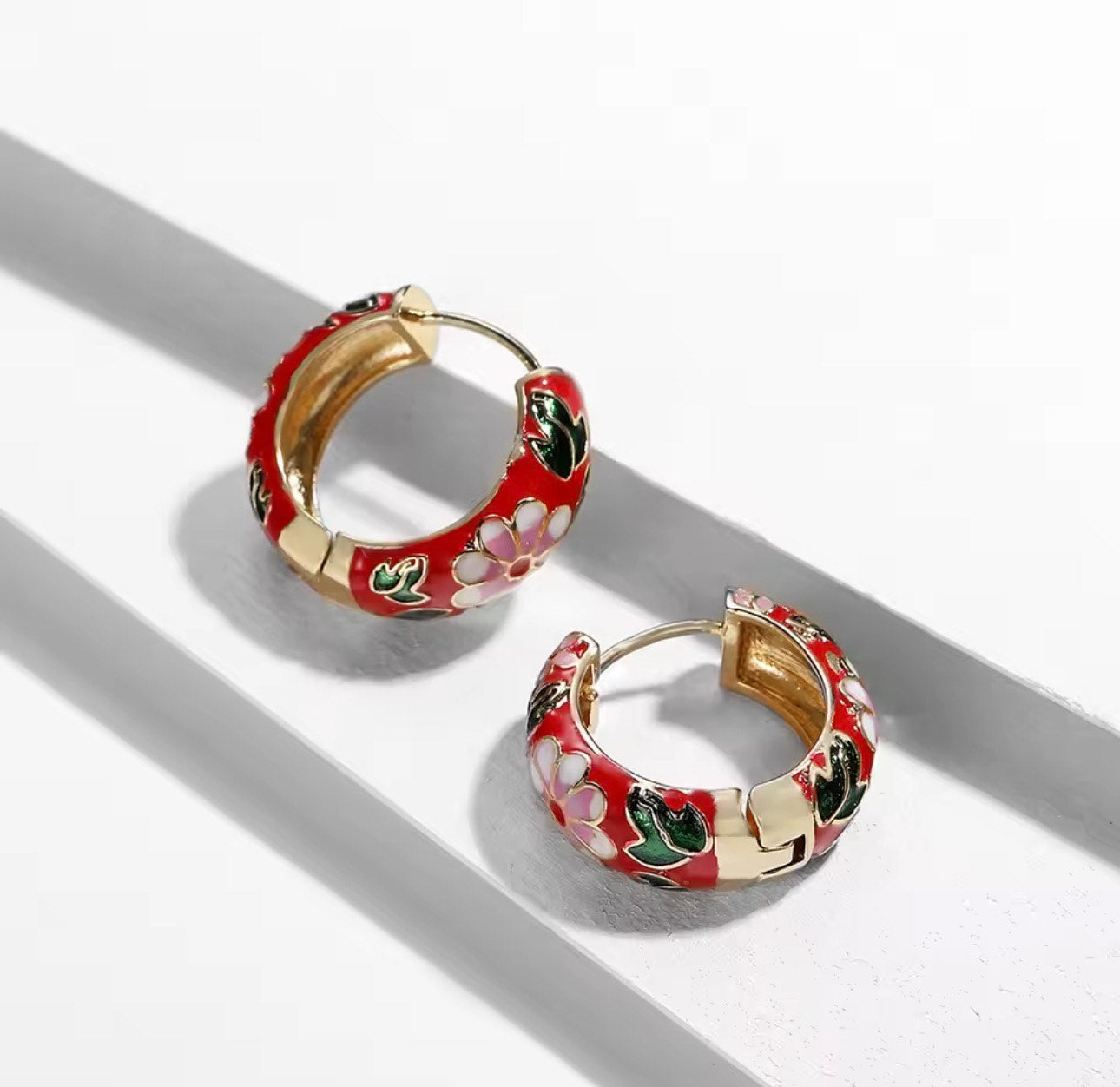 Enamel Flower Huggie Hoop Earrings