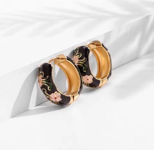 Enamel Flower Huggie Hoop Earrings